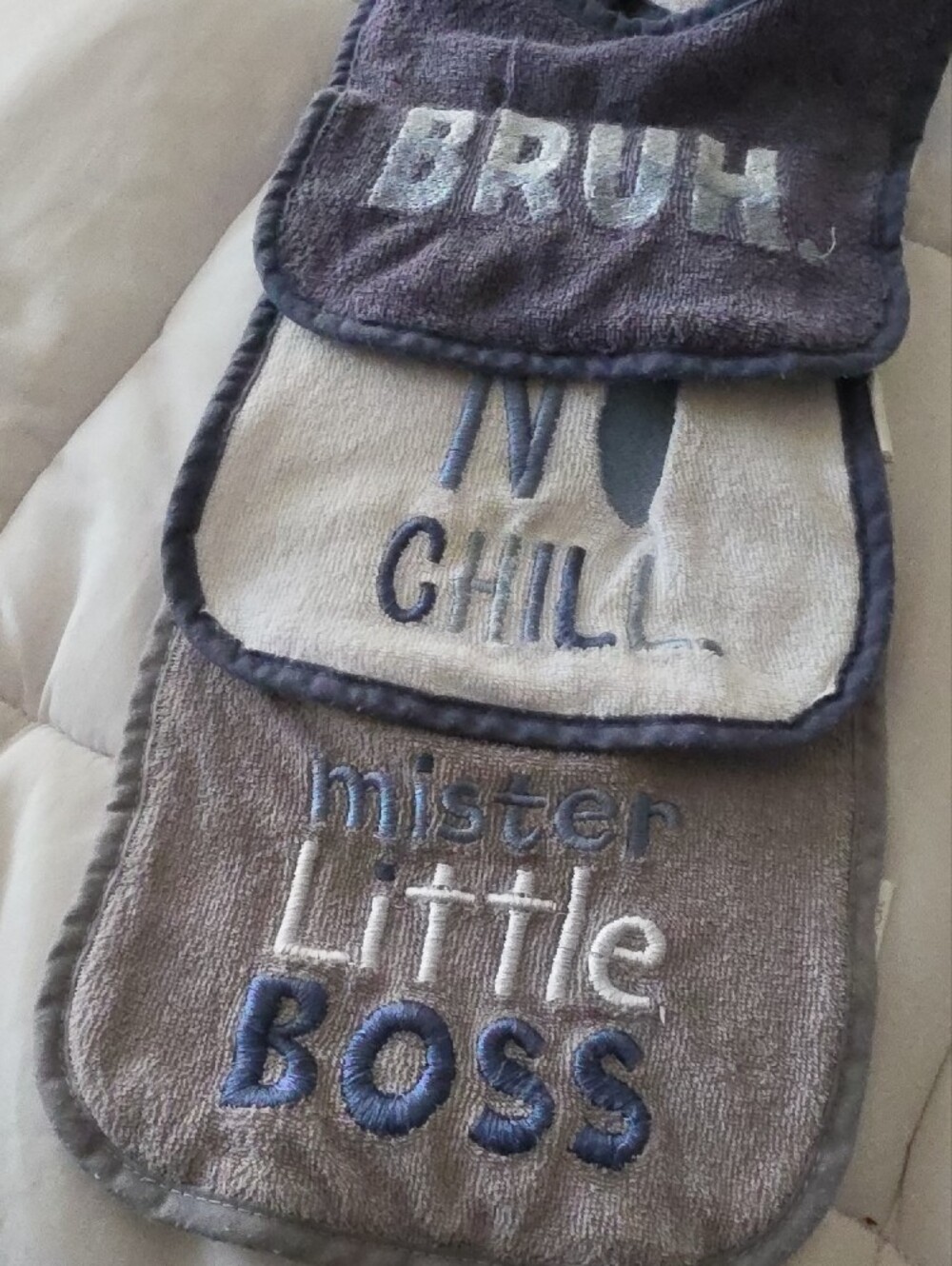 3/$6 3 Pc Baby Bibs Set - Grey and White 'Mister Little Boss' 'No Chill' 'Bruh'